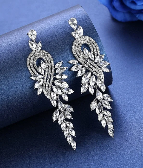 Woven Drop Earrings for Artistic-MEC-009 Crystal Pearls Long Drop Earrings Bridal Wedding Jewelry