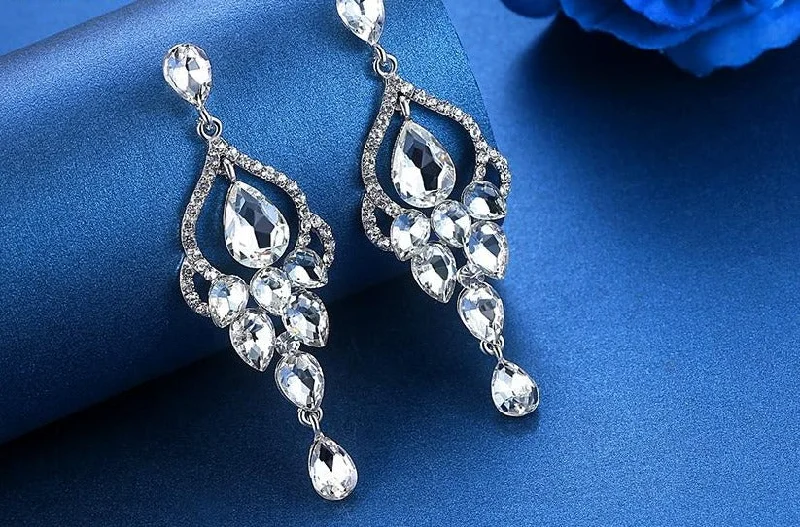 Heavy-Duty Drop Earrings for Durable-MEC-012 Crystal Pearls Long Drop Earrings Bridal Wedding Jewelry