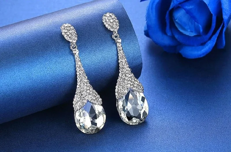 Waterproof Drop Earrings for Practical-MEC-014 Crystal Pearls Long Drop Earrings Bridal Wedding Jewelry