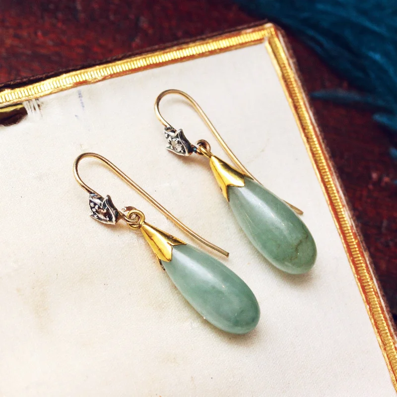 Oval Drop Earrings for Graceful-Precious Vintage Jade & Diamond Drop Earrings