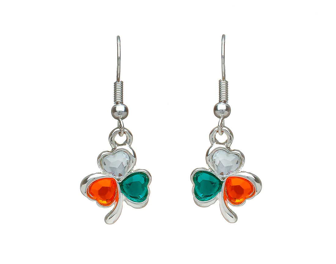 Halo Drop Earrings for Surrounding-Shamrock Silver Plated Drop Earrings with Tricolour Glass Stones by Woods Celtic Jewllery