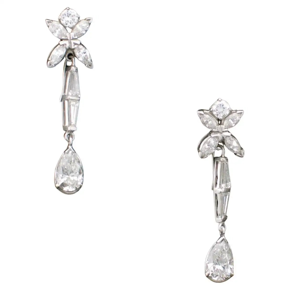 Retro Drop Earrings for Old-School-Diamond Pear Shape Drop Earrings in Platinum, circa 1950's