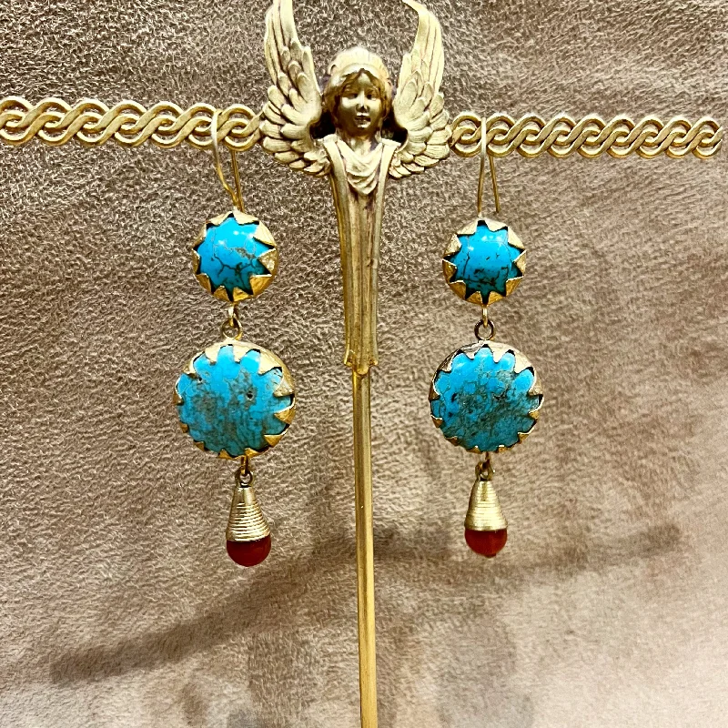 Halo Drop Earrings for Surrounding-Etruscan style turquoise and carnelian gold drop earrings