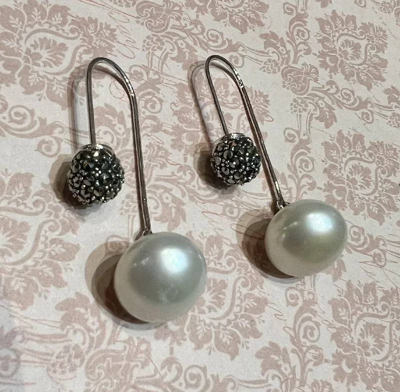 Adjustable Drop Earrings for Custom-Freshwater Pearl Silver Marcasite Hoop Drop Earrings