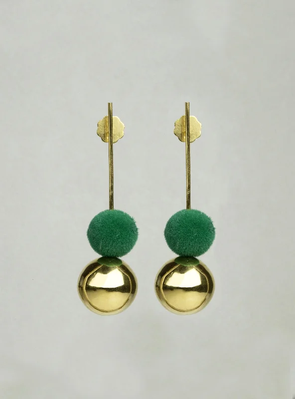 Diamond Drop Earrings for Sparkling-Drop Earrings with Gold Orb and Green Pompom