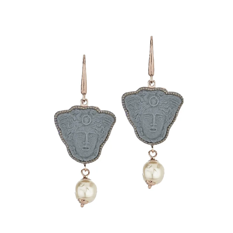 Romantic Drop Earrings for Loving-Greek Medusa Cameo Drop Earrings with Freshwater Pearl Accent