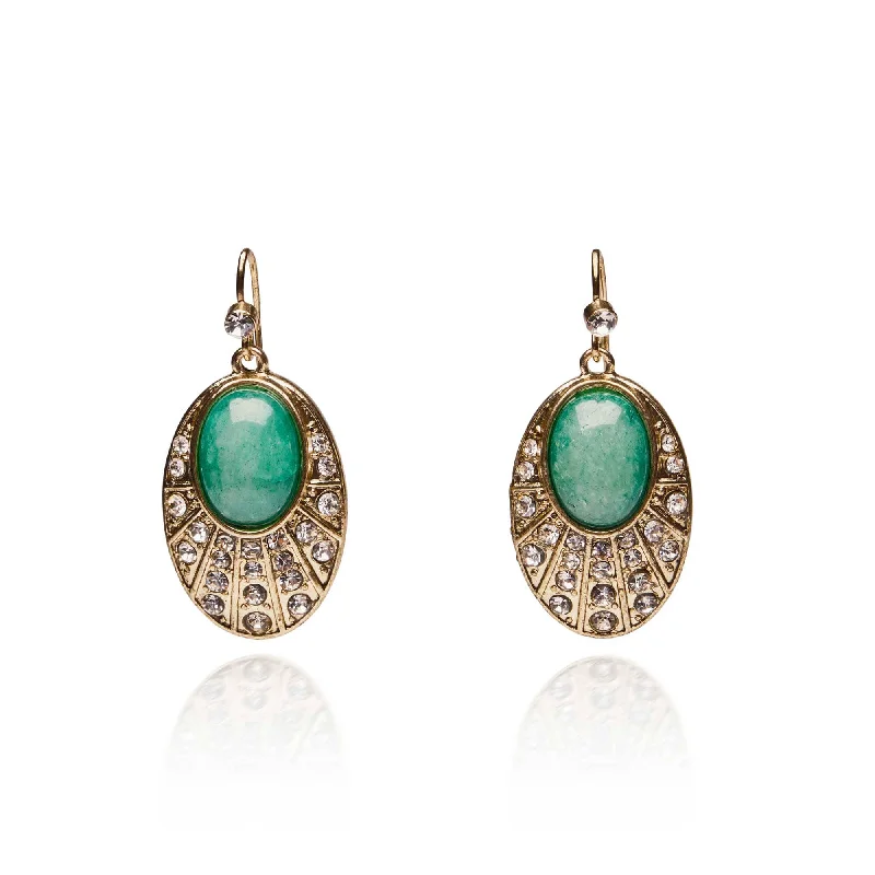 Gold Drop Earrings for Luxurious-Green Agate Oval Stone Drop Earrings: 20s Style Earrings