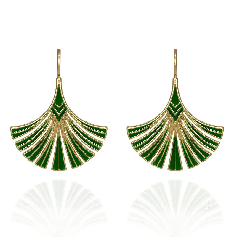 Simple Drop Earrings for Subtle-Green Art Deco Palm Leaf Earrings: Green Drop Earrings