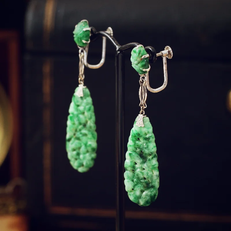 Pearl Drop Earrings for Elegant Look-Hand Carved Vintage Jadeite Drop Earrings