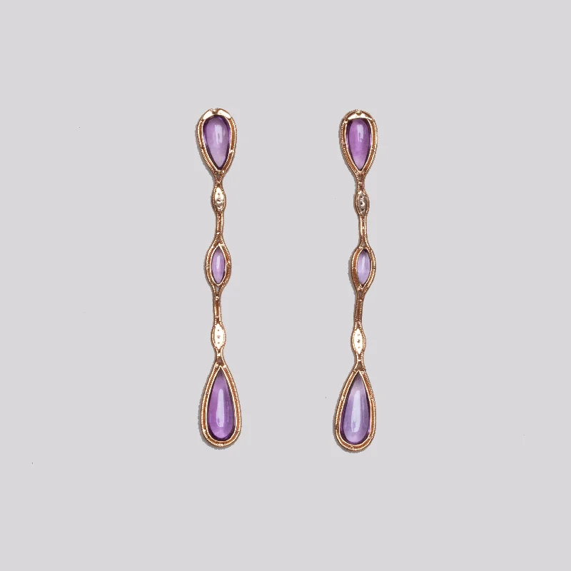 Large Drop Earrings for Statement-Rose Gold Long Drop Earrings with Amethyst & Brown Diamonds