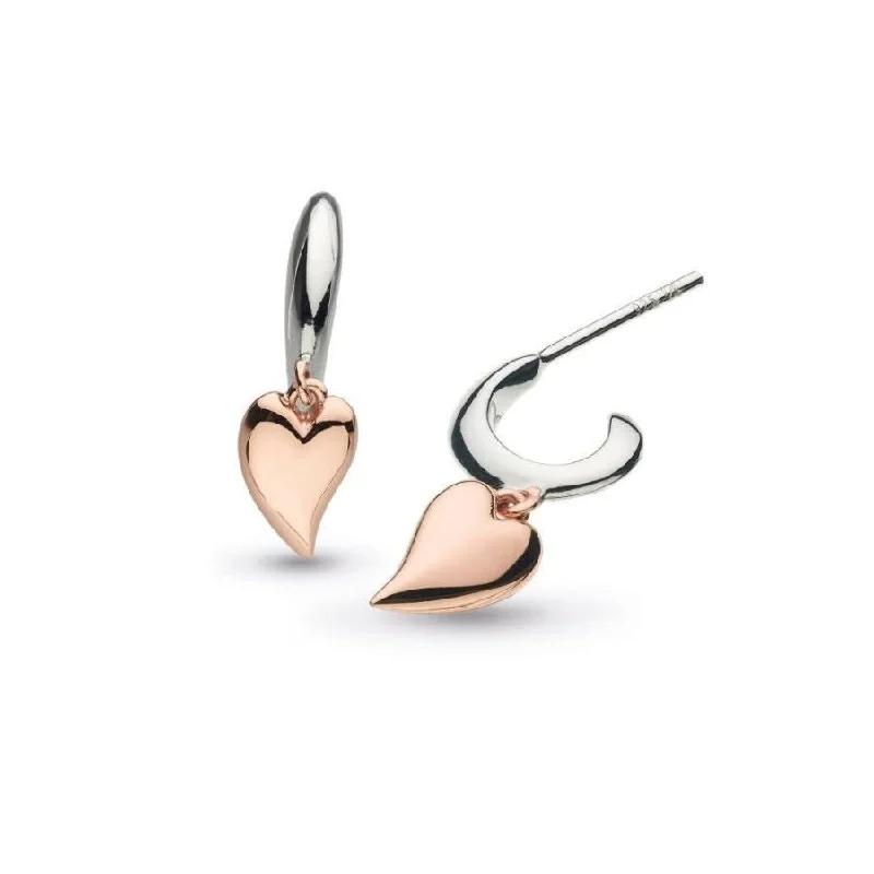 Travel Drop Earrings for On-The-Go-Silver & Rose Gold Plated Desire Kiss Blush Mini Heart Hoop Drop Earrings