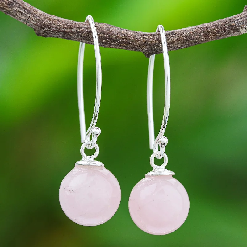 Embellished Drop Earrings for Fancy-Luna in Pink Rose Quartz Sterling Silver Drop Earrings