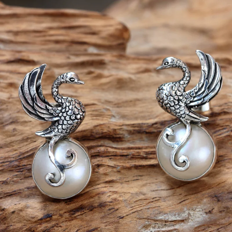 Modern Drop Earrings for Contemporary-Moon Swan Swan Motif Cultured Pearl and Silver Drop Earrings