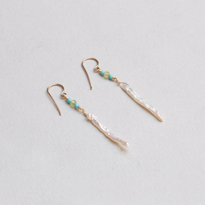 Iolite Drop Earrings for Blue-Peridot, Turquoise & Stick Pearls Drop Earrings