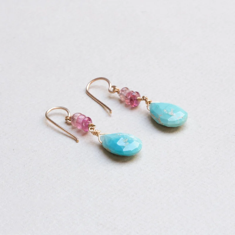 Round Drop Earrings for Traditional-Pink Tourmaline & Turquoise Drop Earrings