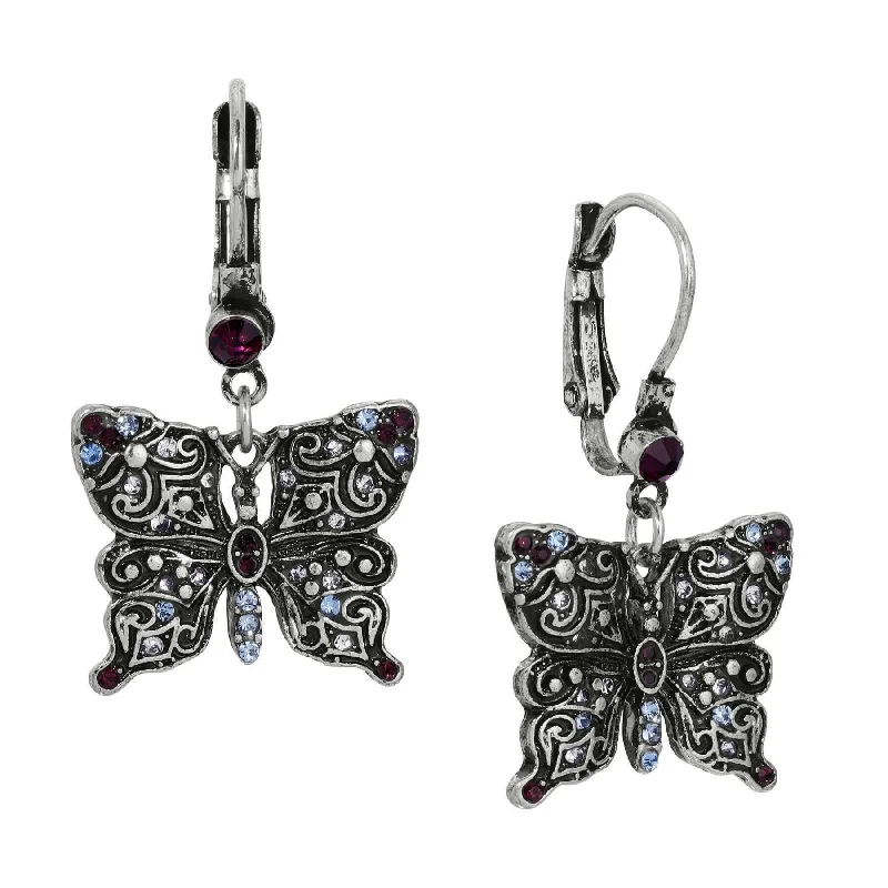 Designer Drop Earrings for High-End-Regency Antiqued Butterfly Multi Color Crystals Drop Earrings