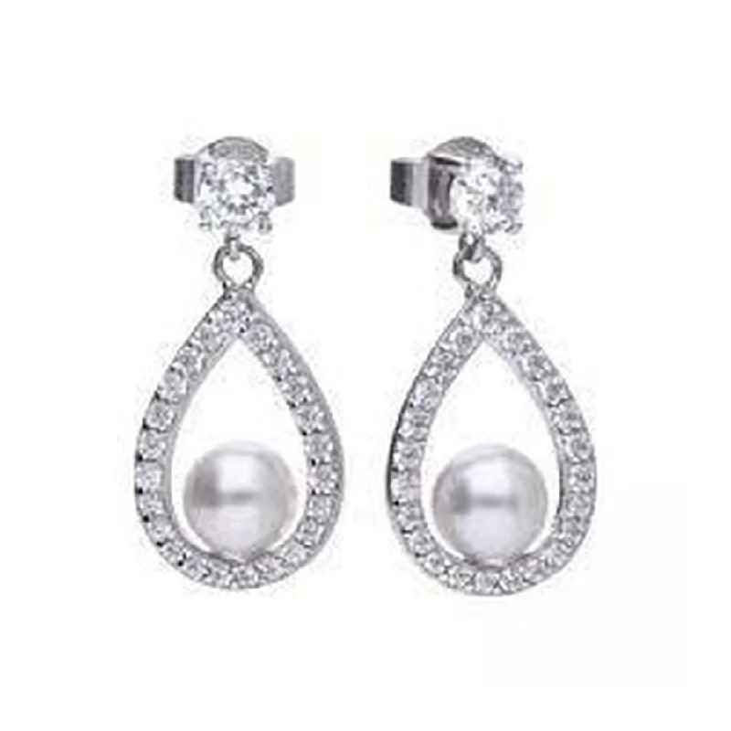 Round Drop Earrings for Traditional-Silver freshwater pearl & CZ teardrop shaped drop earrings