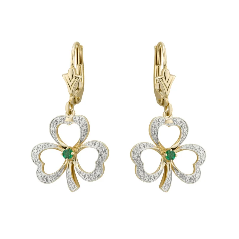 Engraved Drop Earrings for Personal-14K Diamond Emerald Shamrock Drop Earrings