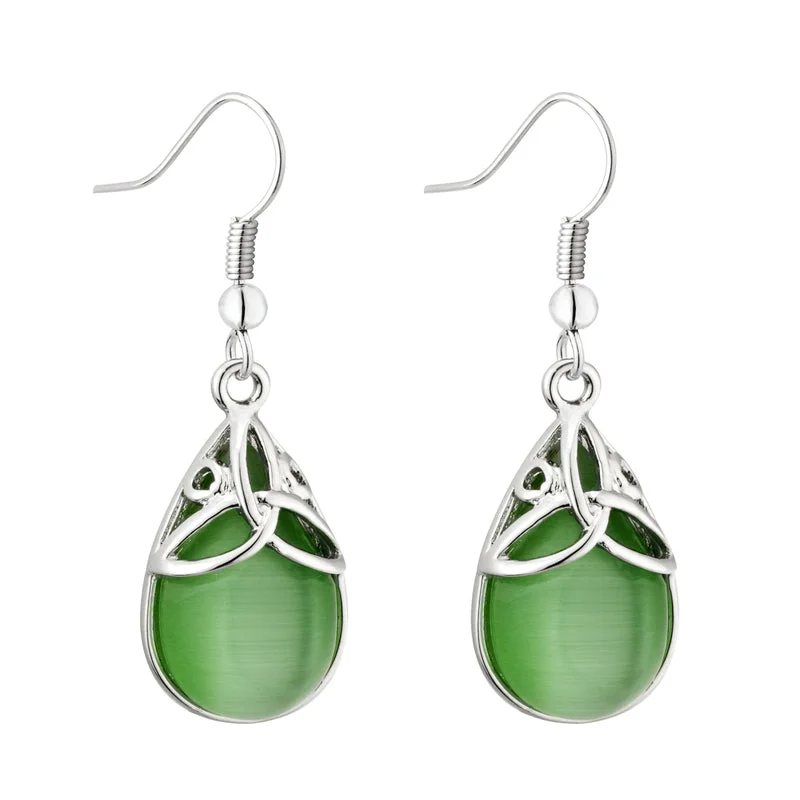 Zircon Drop Earrings for Sparkling-Rhodium Green Cat Eye Trinity Drop Earrings