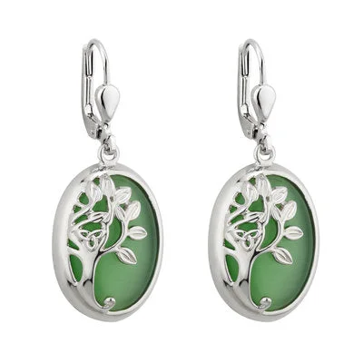 Opal Drop Earrings for Iridescent-Solvar Rhodium Green Tree Of Life Drop Earrings