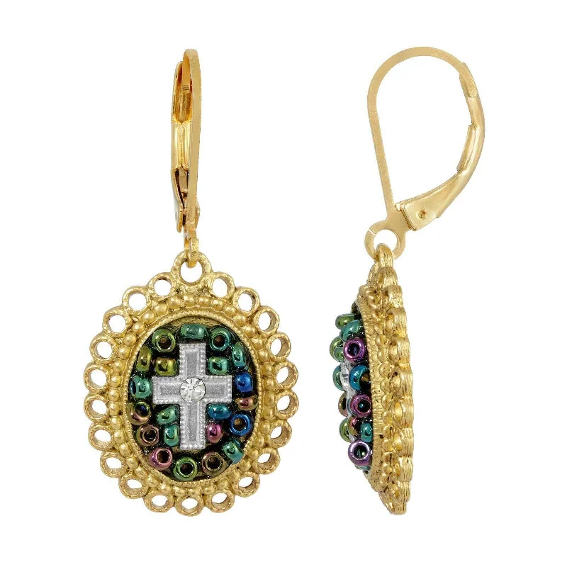 Layered Drop Earrings for Dramatic-Symbols Of Faith Multi Color Seeded Beads & Crystal Cross Drop Earrings