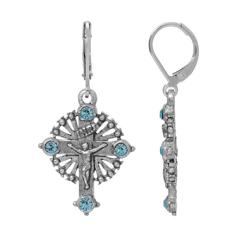 Amber Drop Earrings for Warm-Symbols Of Faith INRI Crucifix Aqua Blue Crystal Drop Earrings