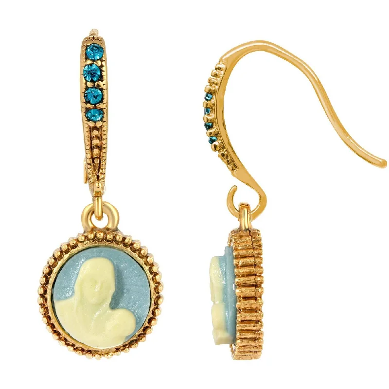 Square Drop Earrings for Modern-Symbols Of Faith Mother And Child Cameo Aqua Crystal Drop Earrings