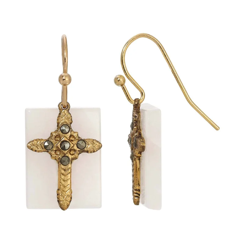 Casual Drop Earrings for Everyday-Symbols Of Faith Rectangular Gemstone Marcasite Stone Cross Drop Earrings