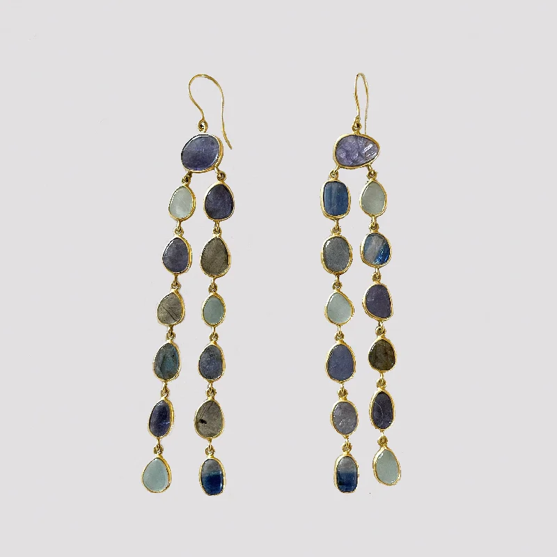 Labradorite Drop Earrings for Shimmery-Tanzanite, Aquamarine and Labradorite Long Drop Earrings