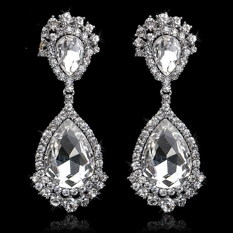 Party Drop Earrings for Glamorous-TRZ-006 Elegant Teardrop Crystal Bridal Silver Long Drop Earrings Wedding Jewelry Accessories