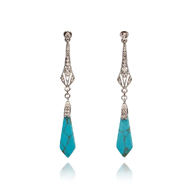 School Drop Earrings for Students-Victorian Style Turquoise and Silver Long Drop Earrings