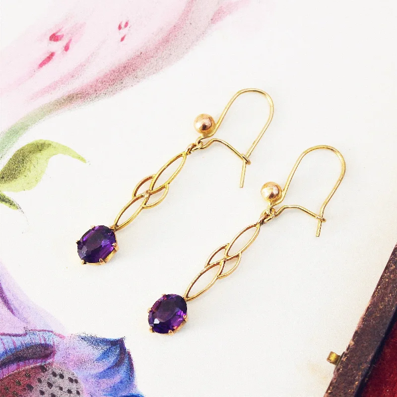 Free-Spirited Drop Earrings for Bohemian-Vintage 9ct Gold Amethyst Drop Earrings