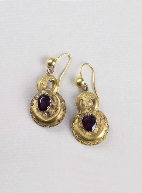 Iolite Drop Earrings for Blue-Vintage Gold Red Garnet Drop Earrings