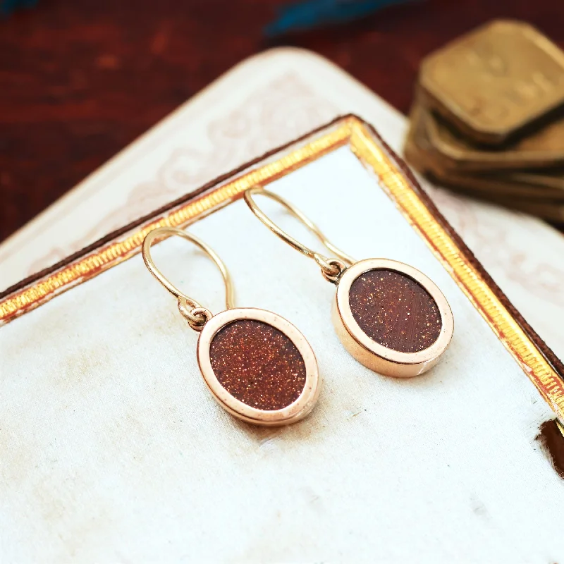 Patterned Drop Earrings for Interest-Vintage 9ct Gold & Goldstone Drop Earrings