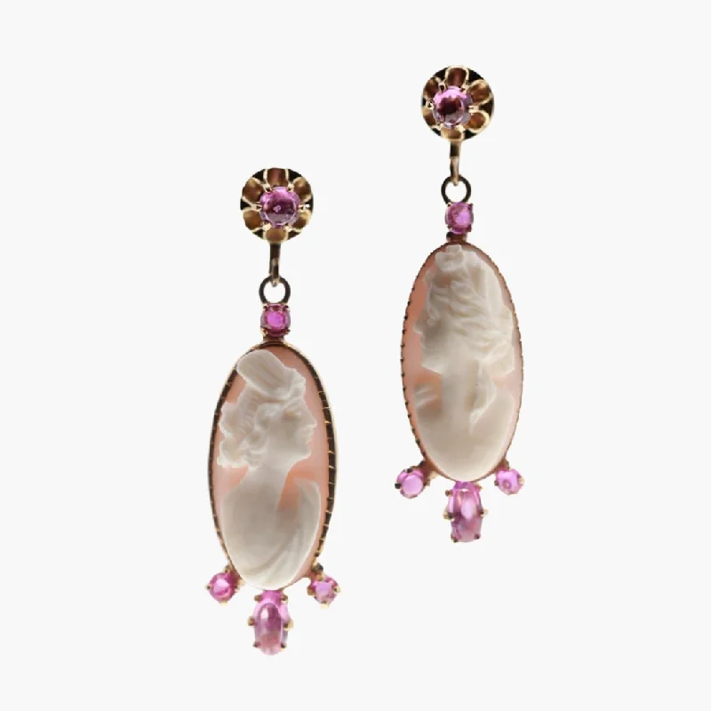 Colorful Drop Earrings for Vivid-Vintage Pink Sapphire and Cameo Drop Earrings