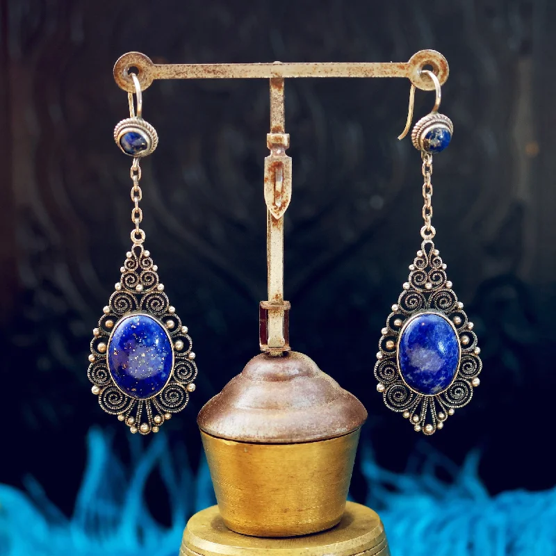 Hypoallergenic Drop Earrings for Sensitive-Finest Vintage Silver Filigree Lapis Lazuli Drop Earrings