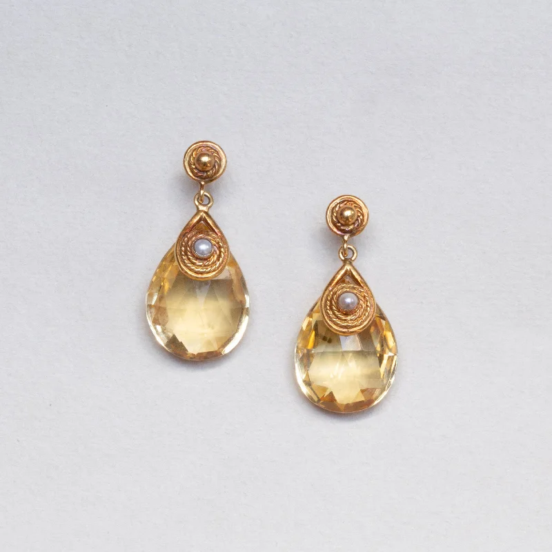 Structured Drop Earrings for Orderly-Vintage Drop Earrings with Citrine and Pearl