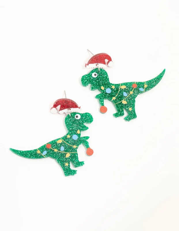 Designer Drop Earrings for High-End-Acrylic Dinosaur With A Santa Hat Drop Earrings