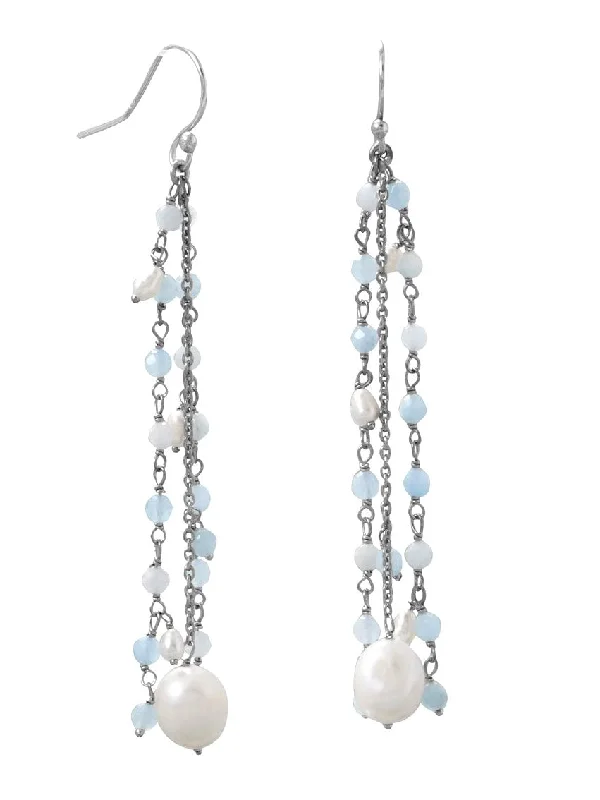 Cluster Drop Earrings for Dazzling-Aquamarine and Cultured Freshwater Pearl Drop Earrings with Triple Chain