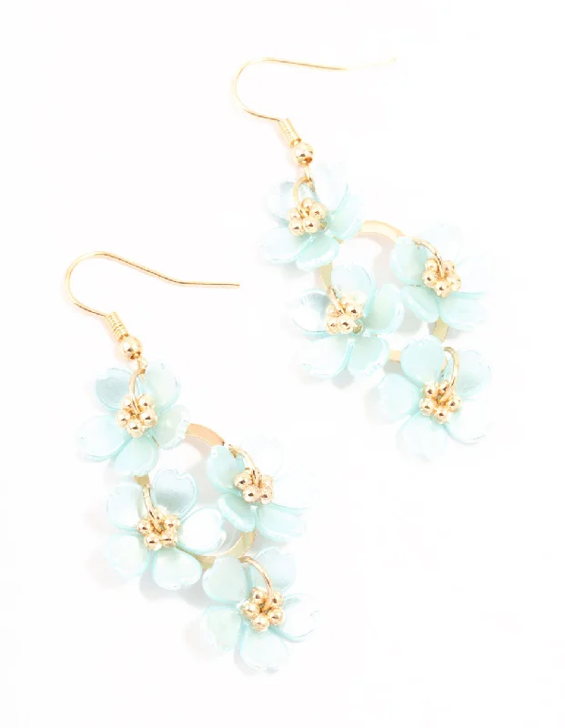 Beach Drop Earrings for Relaxed-Blue Pearlised Flower Vine Gold Drop Earrings