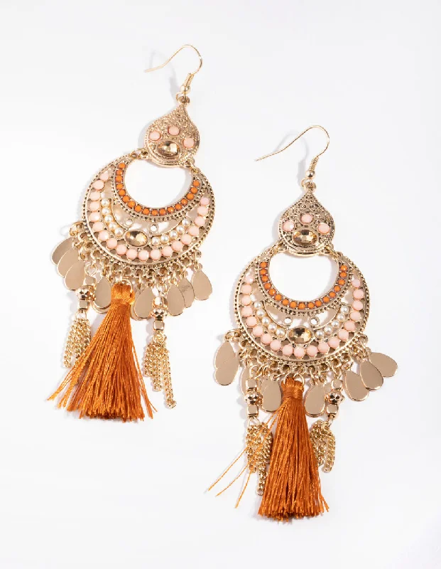 Zircon Drop Earrings for Sparkling-Gold Beaded Orange Tassel Chandbali Drop Earrings