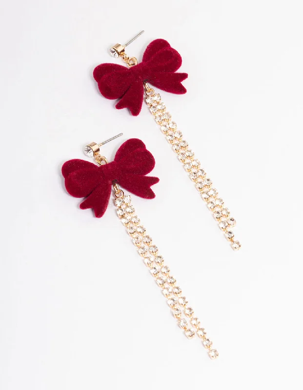 Delicate Drop Earrings for Feminine-Burgundy Bow Diamante Cup Chain Gold Drop Earrings