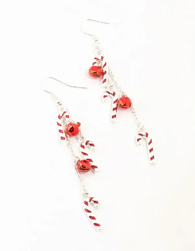 Statement Drop Earrings for Eye-Catching-Rhodium Candy Canes & Bells Drop Earrings