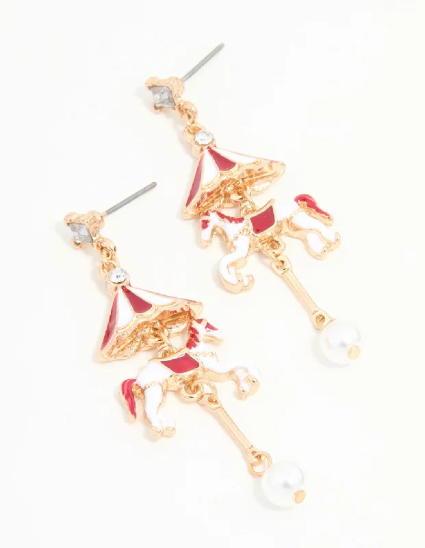 Colorful Drop Earrings for Vivid-Gold Carousel Horse Drop Earrings