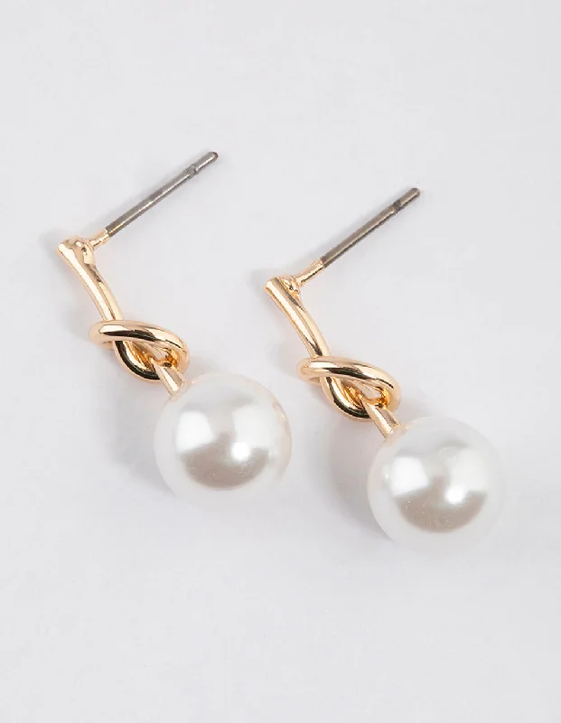 Travel Drop Earrings for On-The-Go-Gold Small Pearly Knotted Drop Earrings