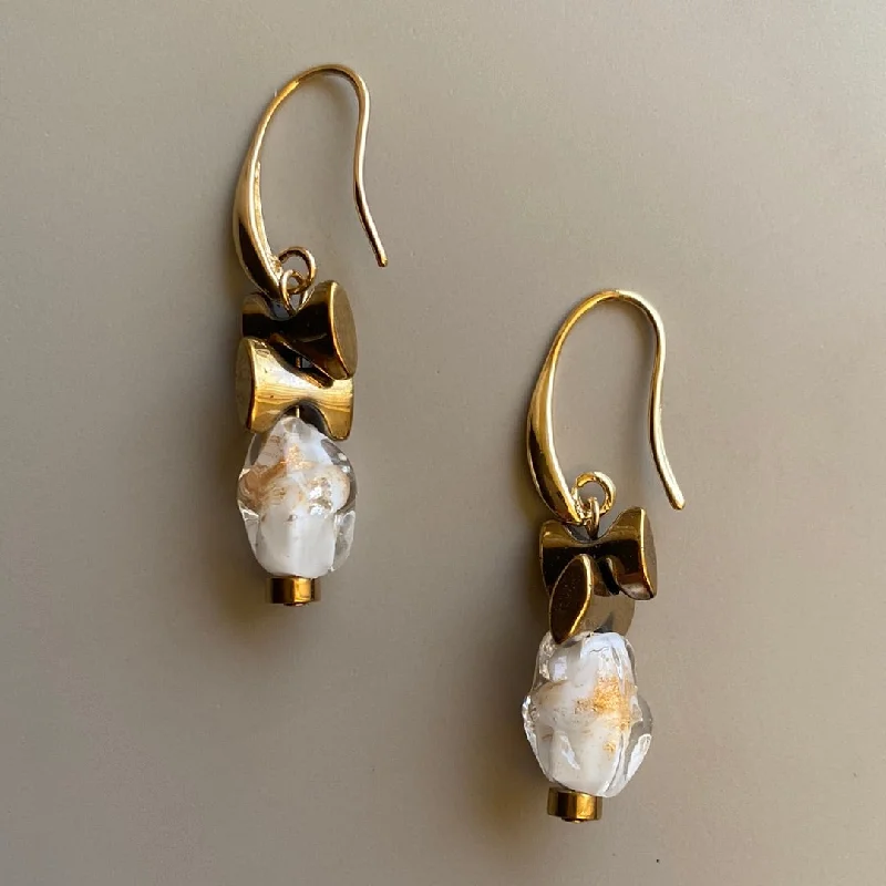 Casual Drop Earrings for Everyday-CSTE09 - Gold & white Lampwork Glass drop Earrings - White