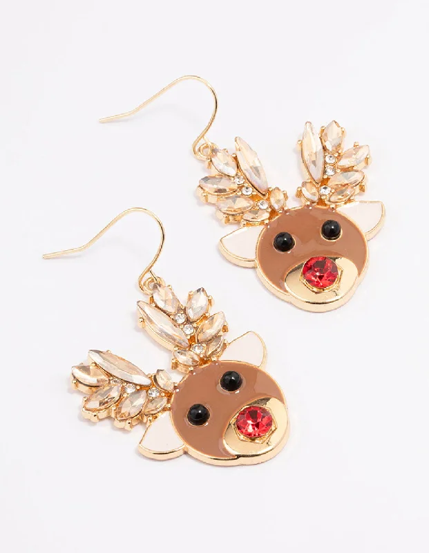 Branded Drop Earrings for Quality-Diamante & Enamel Reindeer Drop Earrings