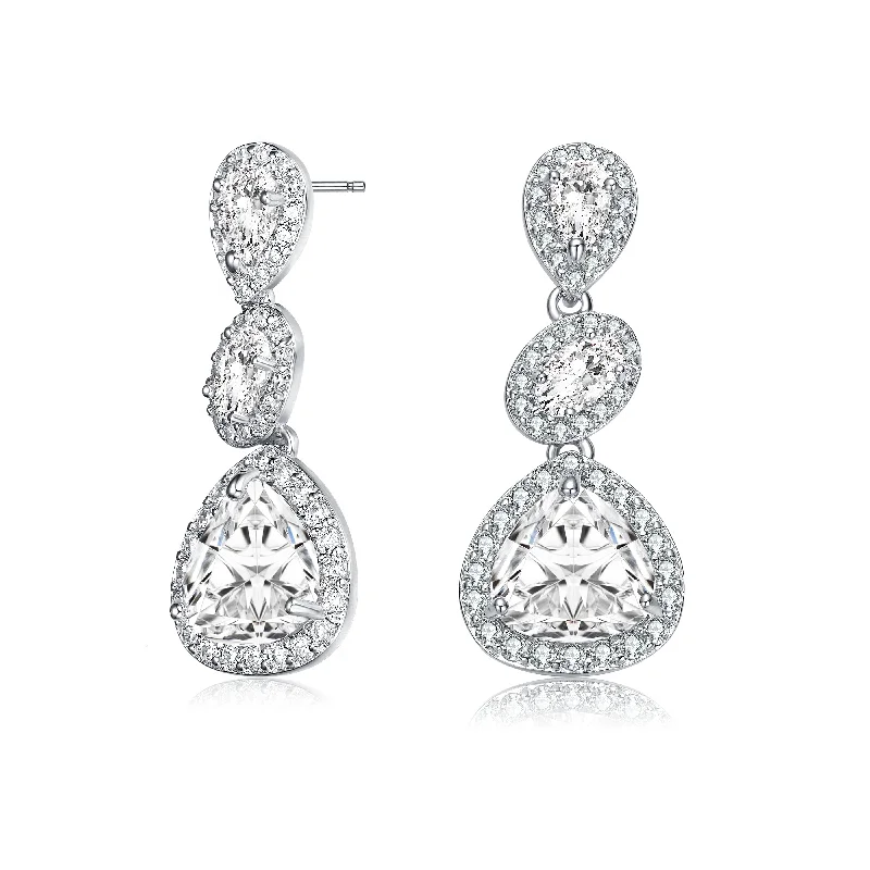 Layered Drop Earrings for Dramatic-GENEVIVE Sterling Silver Cubic Zirconia Halo Three Tier Drop Earrings