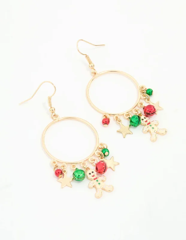 Trendy Drop Earrings for Fashion-Gold Gingerbread Man & Bells Hoop Drop Earrings