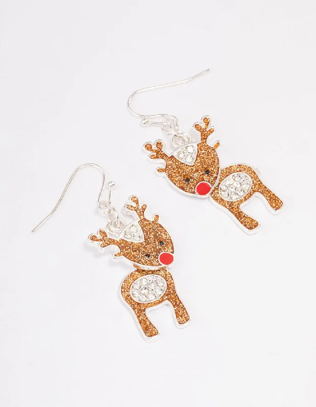 Hypoallergenic Drop Earrings for Sensitive-Glitter Reindeer Drop Earrings